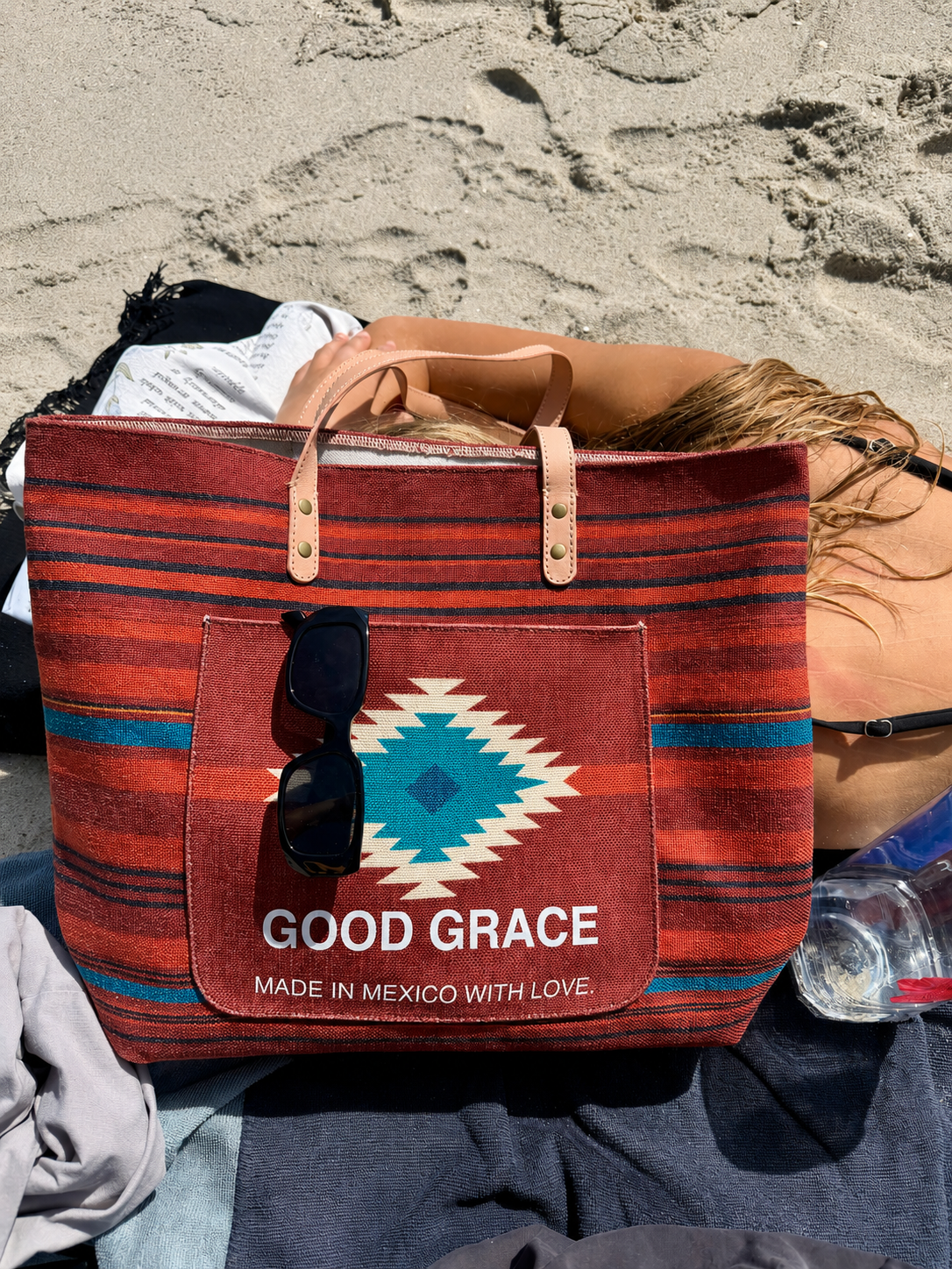 Fernando Tote in dark brown canvas with Aztec-inspired woven panel and leather straps, made in Mexico