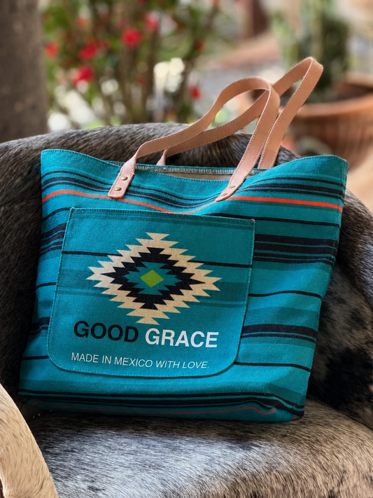 Turquoise Aztec canvas tote with leather straps