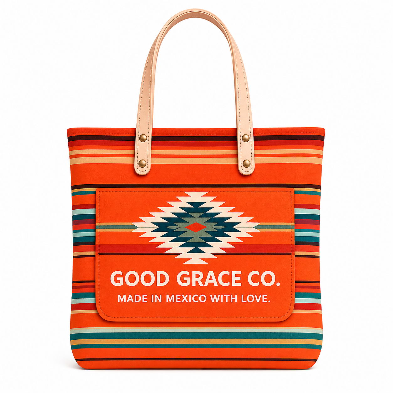 Fernando Tote in burnt orange with Aztec-inspired woven panel, handmade canvas tote bag from Mexico — front view
