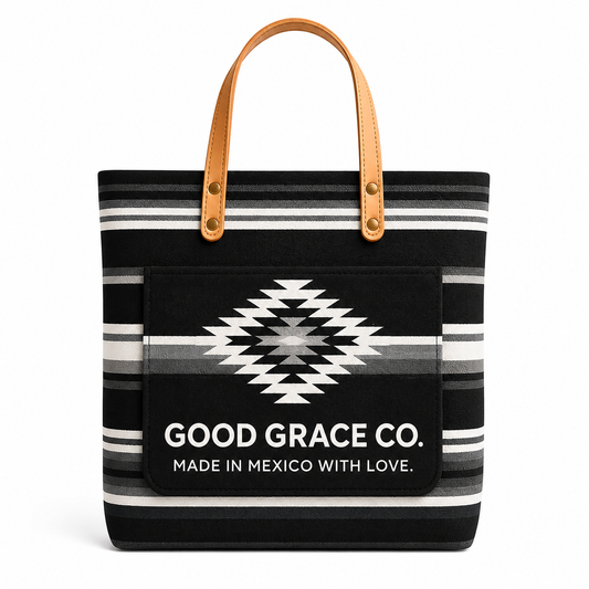Fernando Tote in black canvas with Aztec-inspired woven panel, handmade tote bag from Mexico — front view