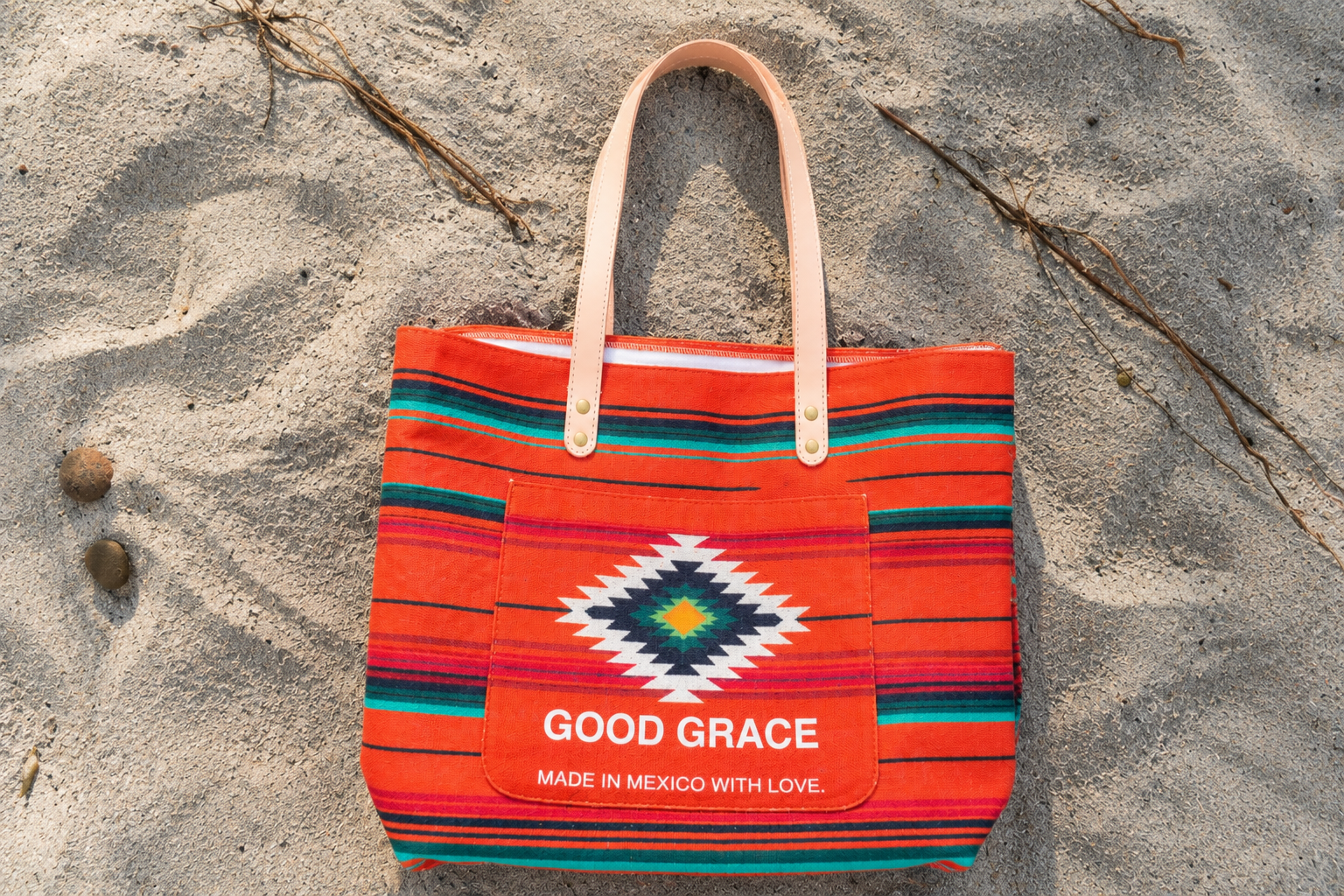 Orange Aztec Fernando Tote by Good Grace, handcrafted Mexican canvas tote bag