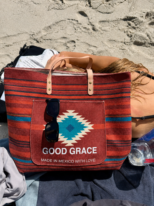 Fernando Tote in dark brown canvas with Aztec-inspired woven panel and leather straps, made in Mexico