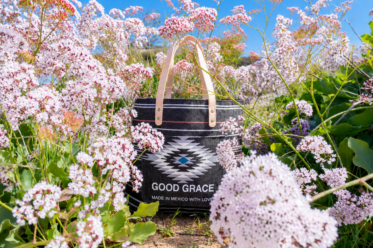 Black Aztec Fernando Tote by Good Grace, handcrafted Mexican canvas tote bag