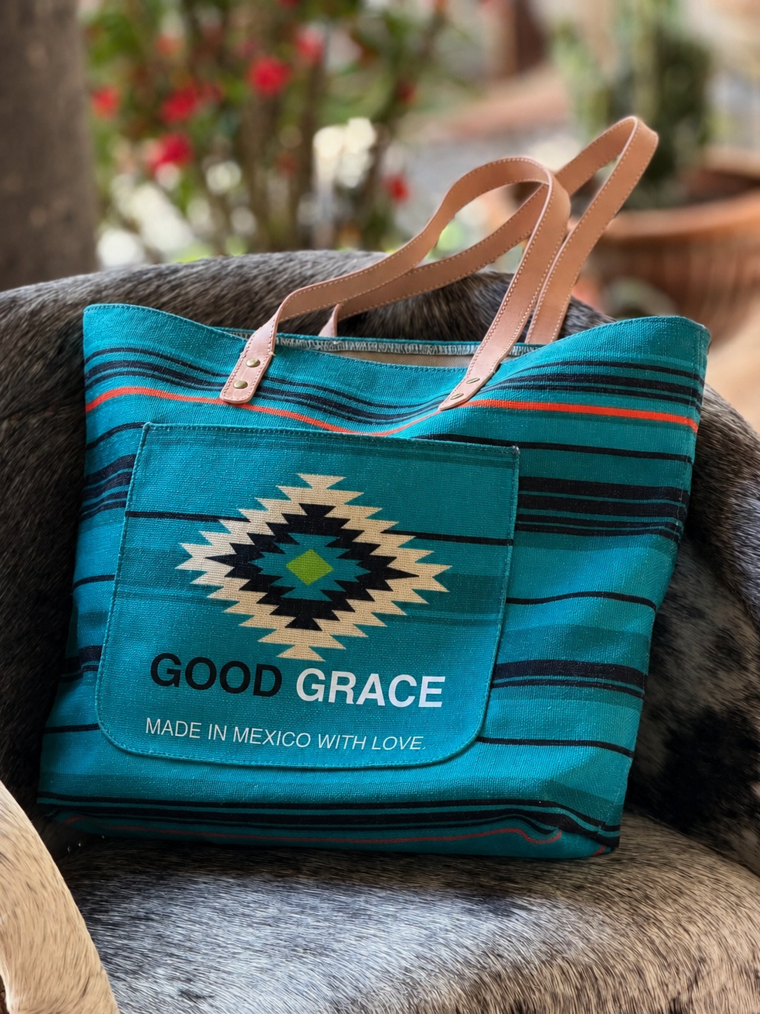 Turquoise Aztec Fernando Tote by Good Grace, colorful Mexican canvas tote bag